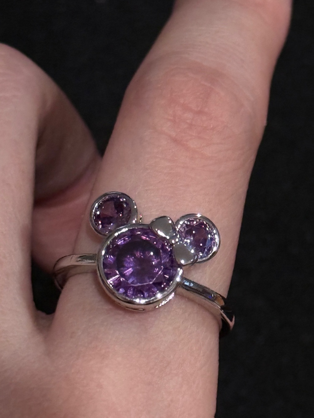 Silver Purple Crystal Mickey-Style Ring